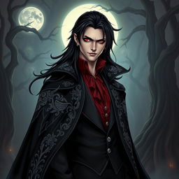 A striking vampire character design suitable for a gothic novel cover