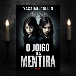 A captivating book cover for 'O Jogo da Mentira' by Yasmim_Collin, featuring an intriguing and mysterious background that adds depth to the scene