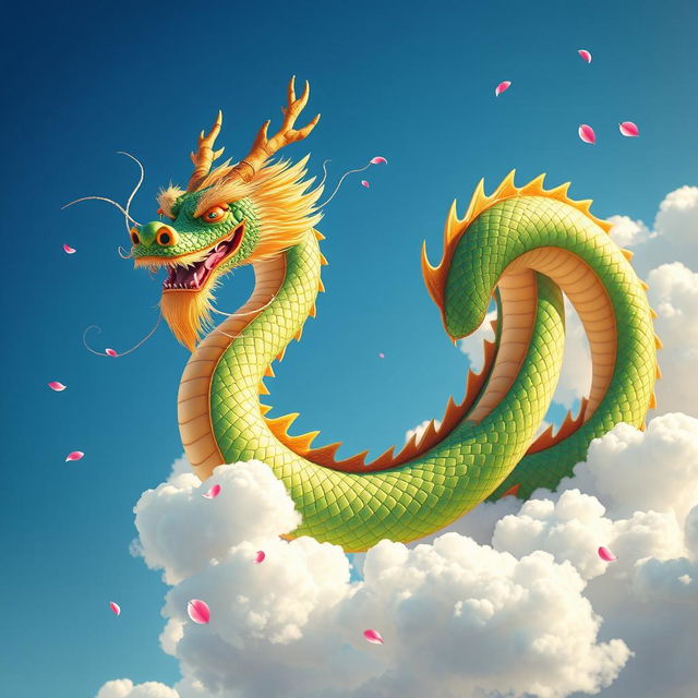 A majestic Chinese dragon soaring through the sky, its long, serpentine body covered in vibrant green scales with golden accents