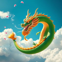 A majestic Chinese dragon soaring through the sky, its long, serpentine body covered in vibrant green scales with golden accents