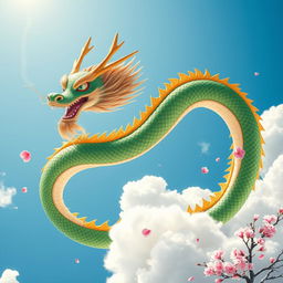 A majestic Chinese dragon soaring through the sky, its long, serpentine body covered in vibrant green scales with golden accents