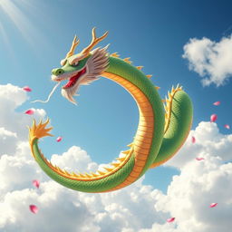 A majestic Chinese dragon soaring through the sky, its long, serpentine body covered in vibrant green scales with golden accents