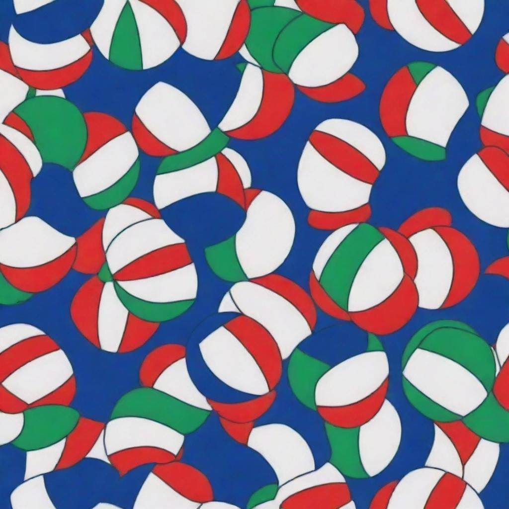 Generate a volleyball shirt with a vibrant, dynamic pattern incorporating the colors blue, red, green, and white.