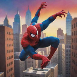 A vibrant, cartoon-styled image of Spiderman in action, with an exaggerated and colorful cityscape as the backdrop.