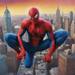 A vibrant, cartoon-styled image of Spiderman in action, with an exaggerated and colorful cityscape as the backdrop.