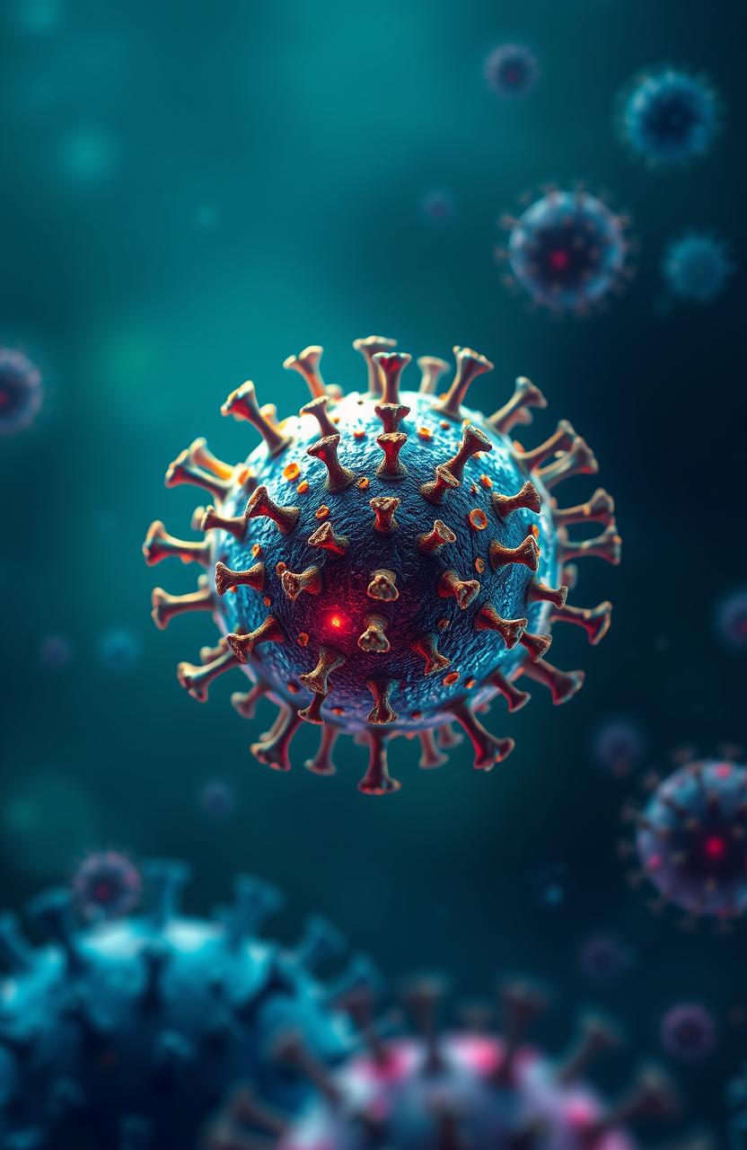 An artistic depiction of the coronavirus, featuring its distinctive spherical shape, with spike proteins prominently displayed