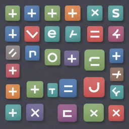 An array of various mathematical symbols such as plus, minus, division, multiplication, square root, pi, infinity, and equal sign, each iconically designed.