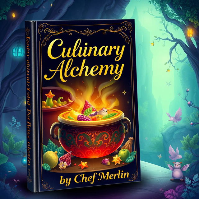 A vibrant and whimsical book cover design for 'Culinary Alchemy by Chef Merlin'