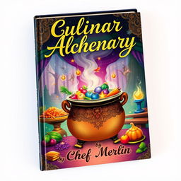 A vibrant and whimsical book cover design for 'Culinary Alchemy by Chef Merlin'