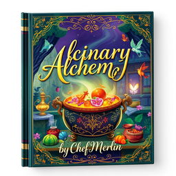 A vibrant and whimsical book cover design for 'Culinary Alchemy by Chef Merlin'