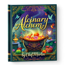 A vibrant and whimsical book cover design for 'Culinary Alchemy by Chef Merlin'