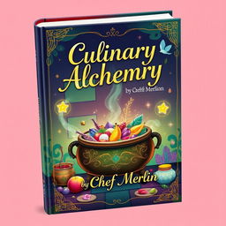 A vibrant and whimsical book cover design for 'Culinary Alchemy by Chef Merlin'