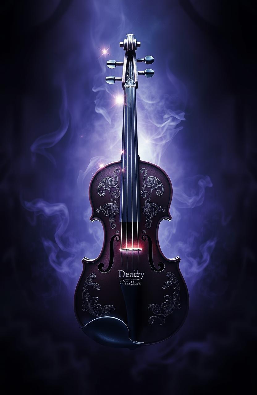 A powerful and dramatic depiction of a deadly violin, elegantly designed with ornate patterns and glowing strings, situated in a dark, moody environment