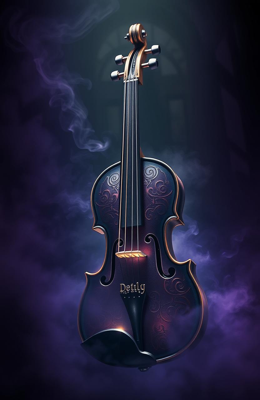 A powerful and dramatic depiction of a deadly violin, elegantly designed with ornate patterns and glowing strings, situated in a dark, moody environment