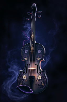 A powerful and dramatic depiction of a deadly violin, elegantly designed with ornate patterns and glowing strings, situated in a dark, moody environment