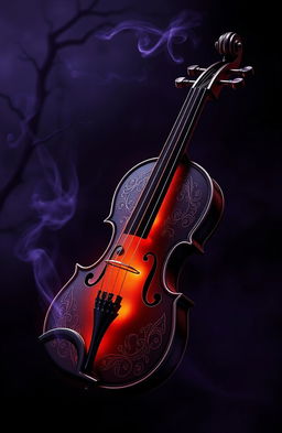 A powerful and dramatic depiction of a deadly violin, elegantly designed with ornate patterns and glowing strings, situated in a dark, moody environment