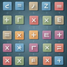 An array of various mathematical symbols such as plus, minus, division, multiplication, square root, pi, infinity, and equal sign, each iconically designed.