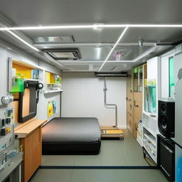 A multifunctional room containing a science experiment area, music production equipment, a book rack, a comfortable bed, and a compact bathing area.