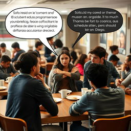 A bustling cafeteria scene during the day, with a group of teenagers engaged in conversation