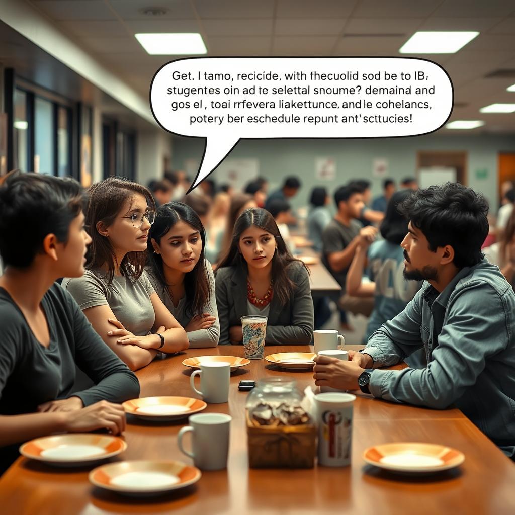 A bustling cafeteria scene during the day, with a group of teenagers engaged in conversation