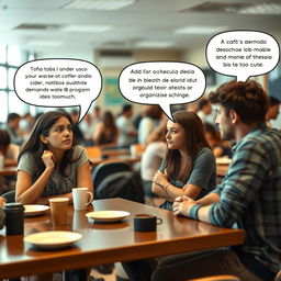 A bustling cafeteria scene during the day, with a group of teenagers engaged in conversation