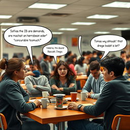 A bustling cafeteria scene during the day, with a group of teenagers engaged in conversation