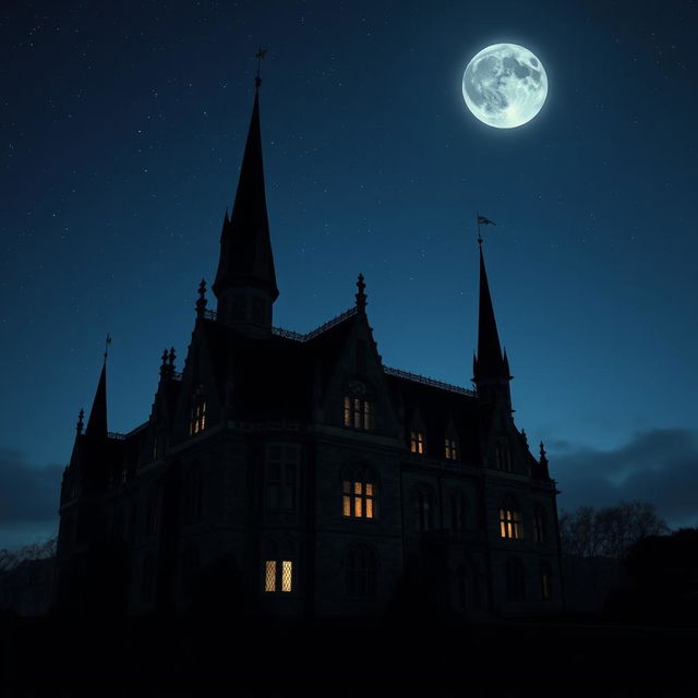 A gothic boarding school set against a clear night sky, devoid of the moon and clouds