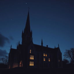 A gothic boarding school set against a clear night sky, devoid of the moon and clouds