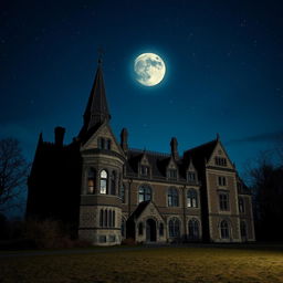 A gothic boarding school set against a clear night sky, devoid of the moon and clouds