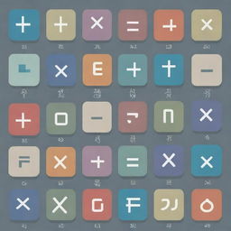 An array of various mathematical symbols such as plus, minus, division, multiplication, square root, pi, infinity, and equal sign, each iconically designed.