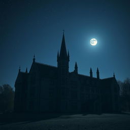 A gothic boarding school set against a clear night sky, devoid of the moon and clouds