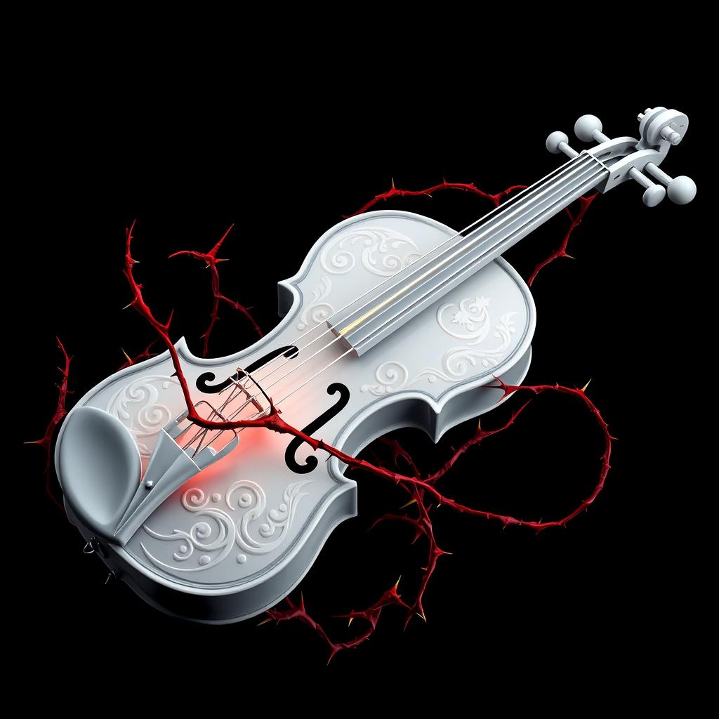 A striking depiction of a deadly violin in pure white, featuring intricate designs and glowing strings, set against a deep black background