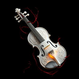 A striking depiction of a deadly violin in pure white, featuring intricate designs and glowing strings, set against a deep black background