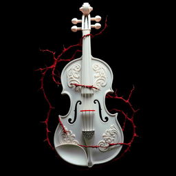 A striking depiction of a deadly violin in pure white, featuring intricate designs and glowing strings, set against a deep black background