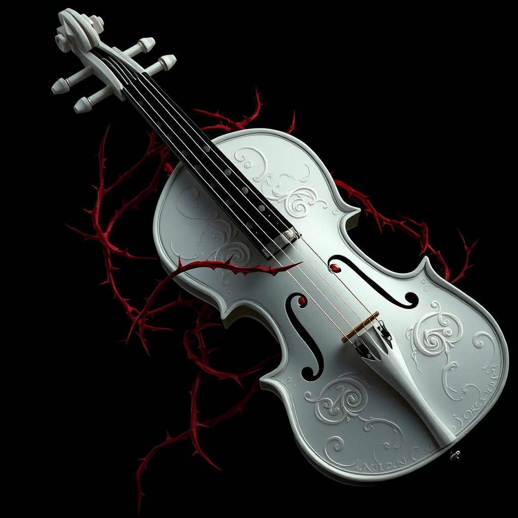 A striking depiction of a deadly violin in pure white, featuring intricate designs and glowing strings, set against a deep black background