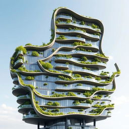 A multi-story building designed in a bionic architectural style, perfectly shaped like the exact contour of the map of Ukraine