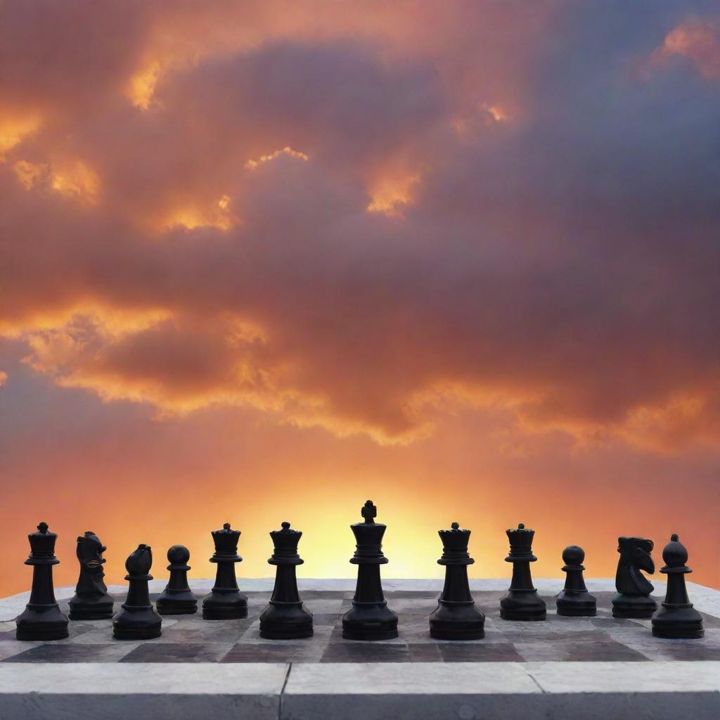 An intriguing, surreal image displaying a chessboard with chess pieces made of cloud, set against a vibrant sunset backdrop.