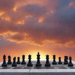 An intriguing, surreal image displaying a chessboard with chess pieces made of cloud, set against a vibrant sunset backdrop.