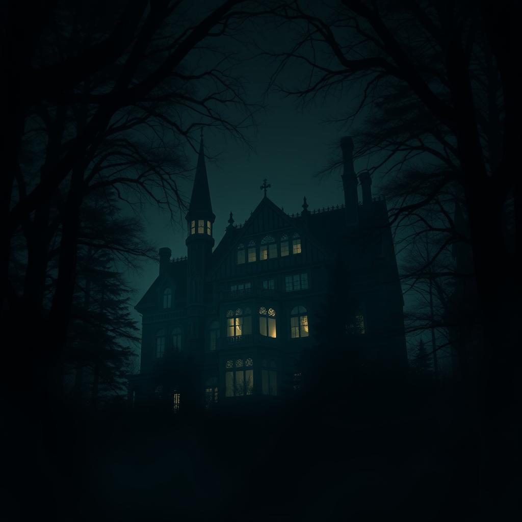 A mysterious boarding school nestled in the heart of a dense forest on a dark night