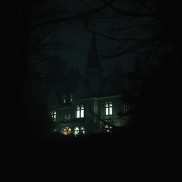 A mysterious boarding school nestled in the heart of a dense forest on a dark night