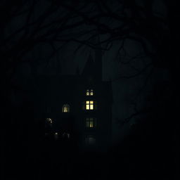 A mysterious boarding school nestled in the heart of a dense forest on a dark night