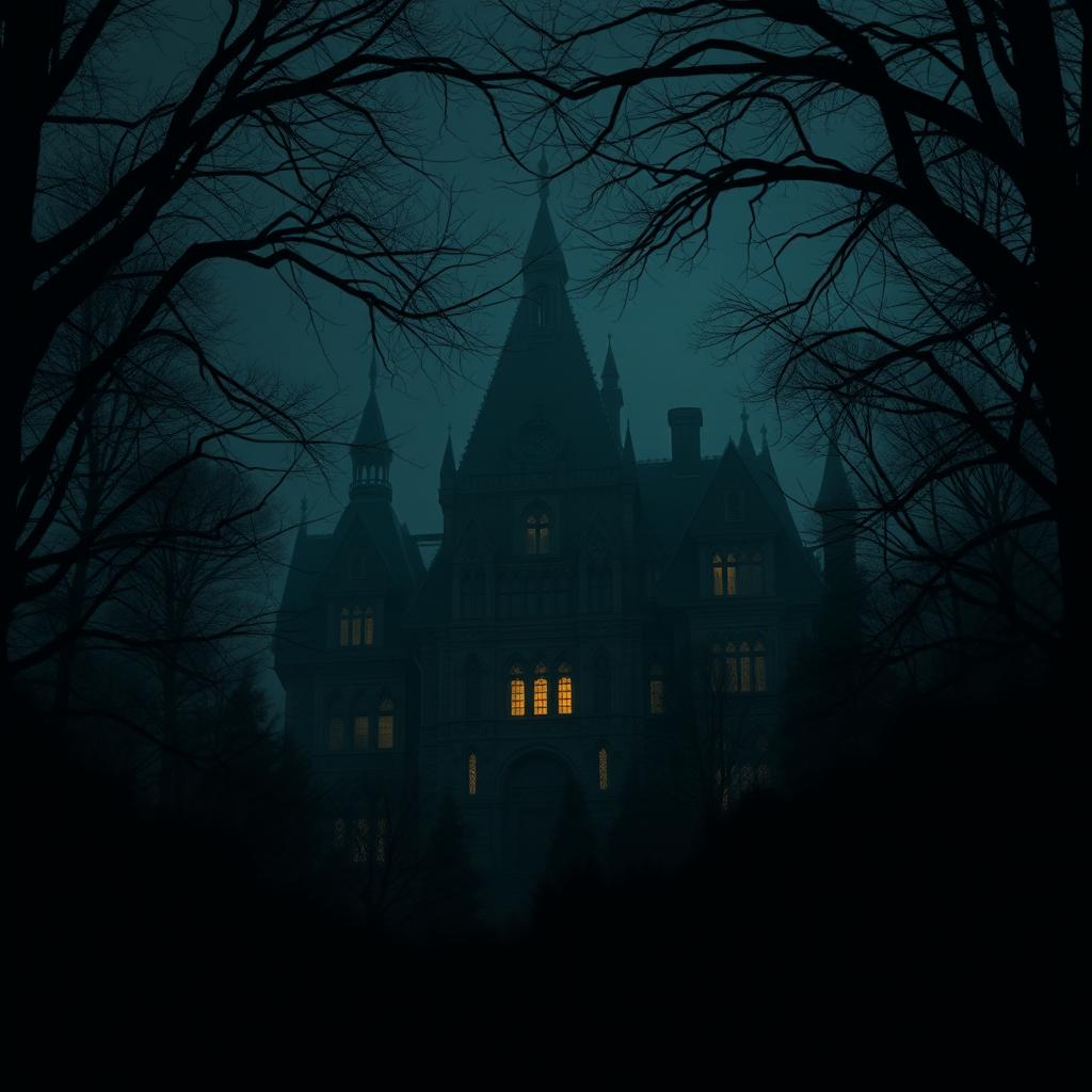 A mysterious boarding school nestled in the heart of a dense forest on a dark night