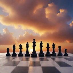 An intriguing, surreal image displaying a chessboard with chess pieces made of cloud, set against a vibrant sunset backdrop.