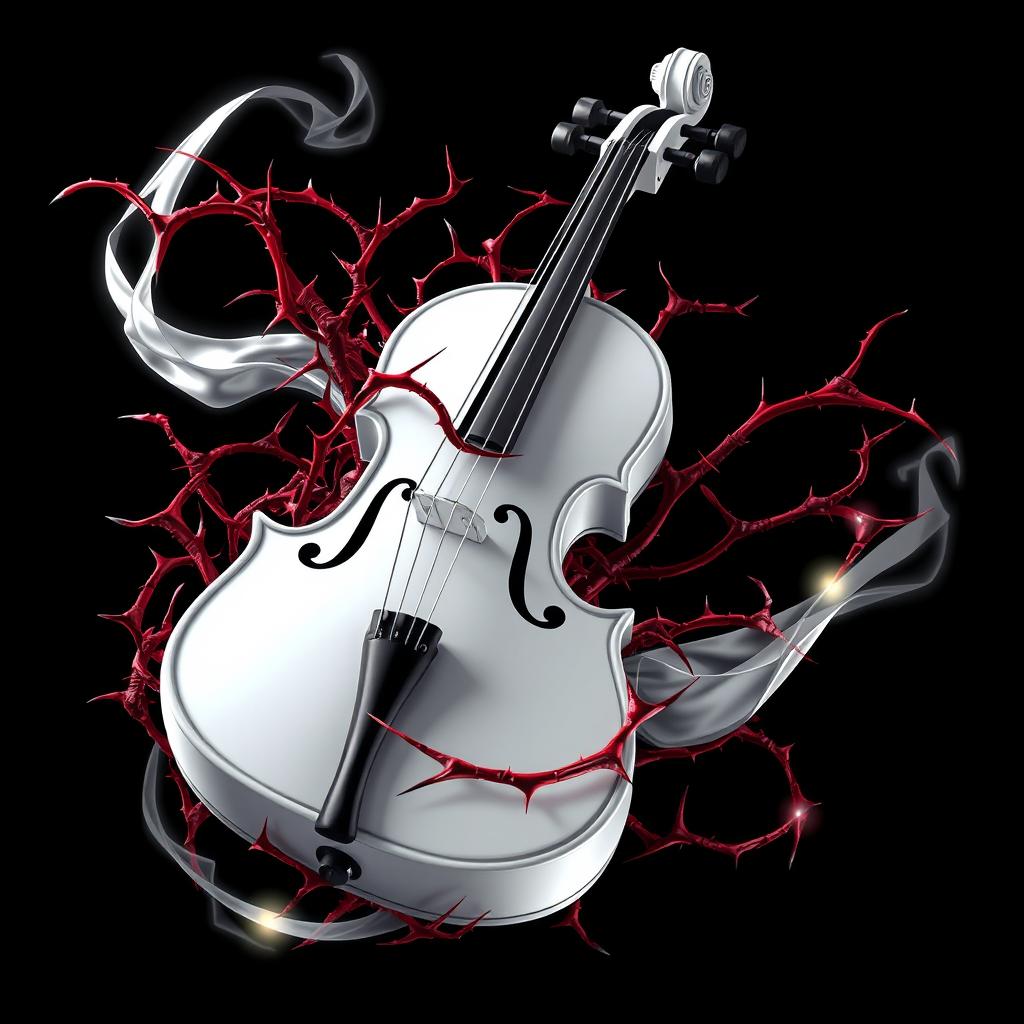 An animated portrayal of a deadly violin in striking white, featuring dynamic movement and fluid animation effects