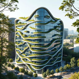 A multi-story building designed in a bionic architectural style, shaped like the exact contour of the map of Ukraine