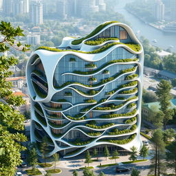 A multi-story building designed in a bionic architectural style, shaped like the exact contour of the map of Ukraine