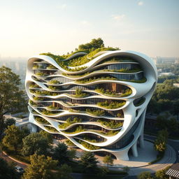 A multi-story building designed in a bionic architectural style, shaped like the exact contour of the map of Ukraine