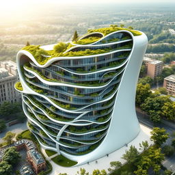 A multi-story building designed in a bionic architectural style, shaped like the exact contour of the map of Ukraine