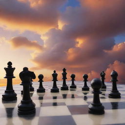 An intriguing, surreal image displaying a chessboard with chess pieces made of cloud, set against a vibrant sunset backdrop.
