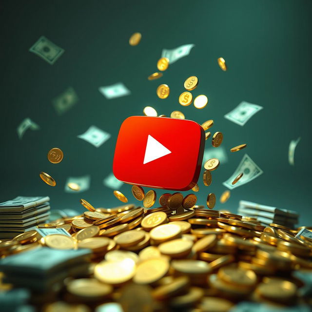 The YouTube logo, a vibrant red play button within a white rectangle, dramatically falling upon a pile of shiny gold coins and stacks of money